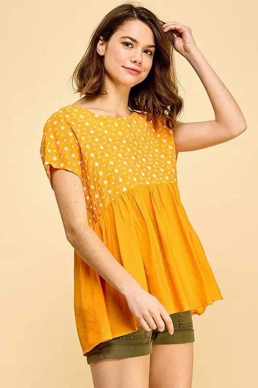 Orange Lime N Chili Embroidered Short Sleeve Pleated Babydoll Top