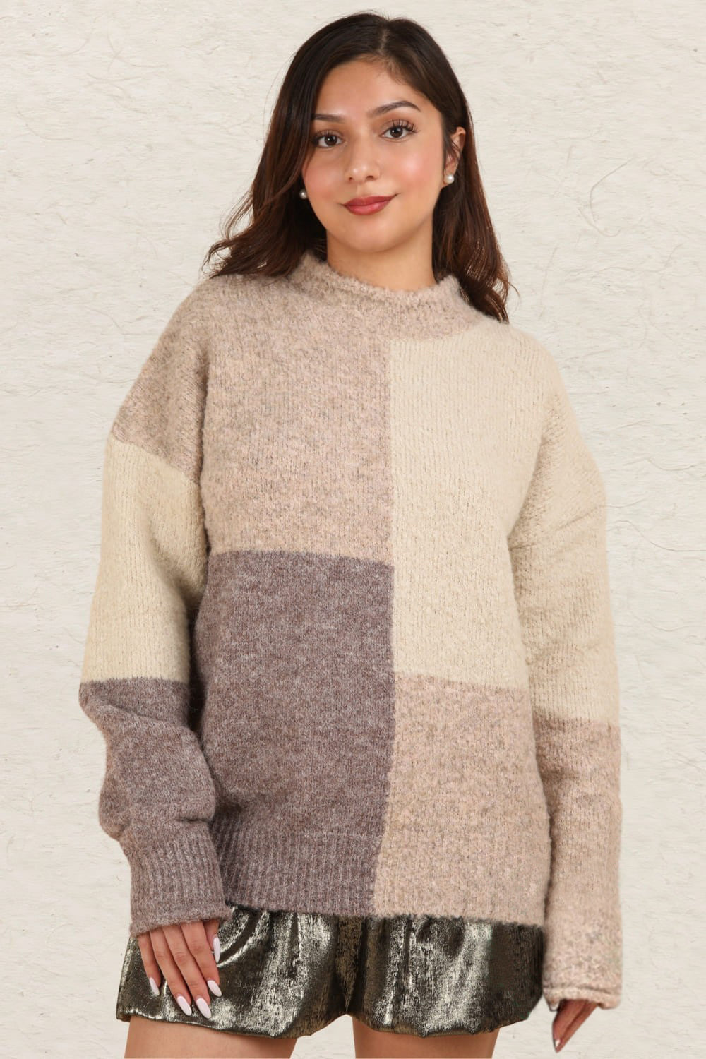 Cream Very J Color Block Mock Neck Drop Shoulder Sweater 1