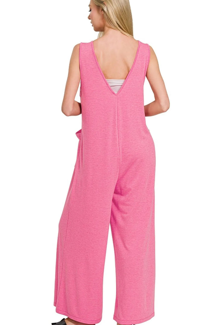 Fuchsia Zenana French Terry Deep V Neck Jumpsuits 2