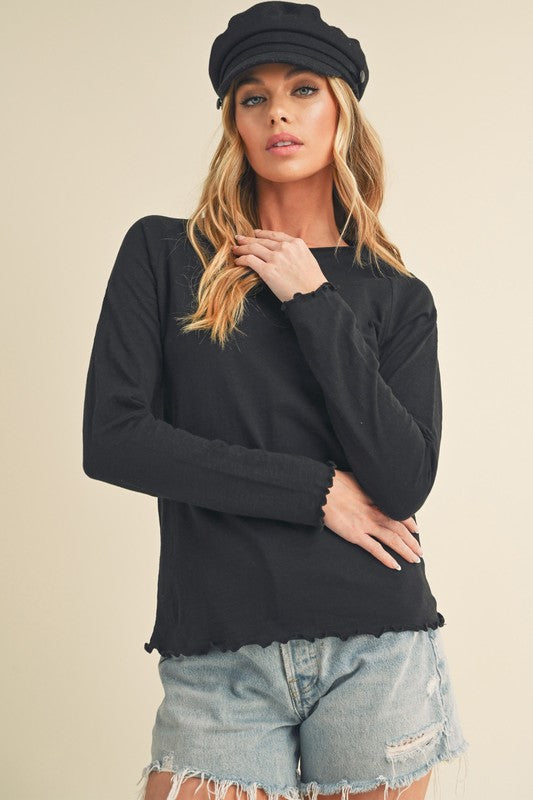 Black Aemi Co Lettuce Hemline Round Neck Raglan Sleeve T Shirt 2