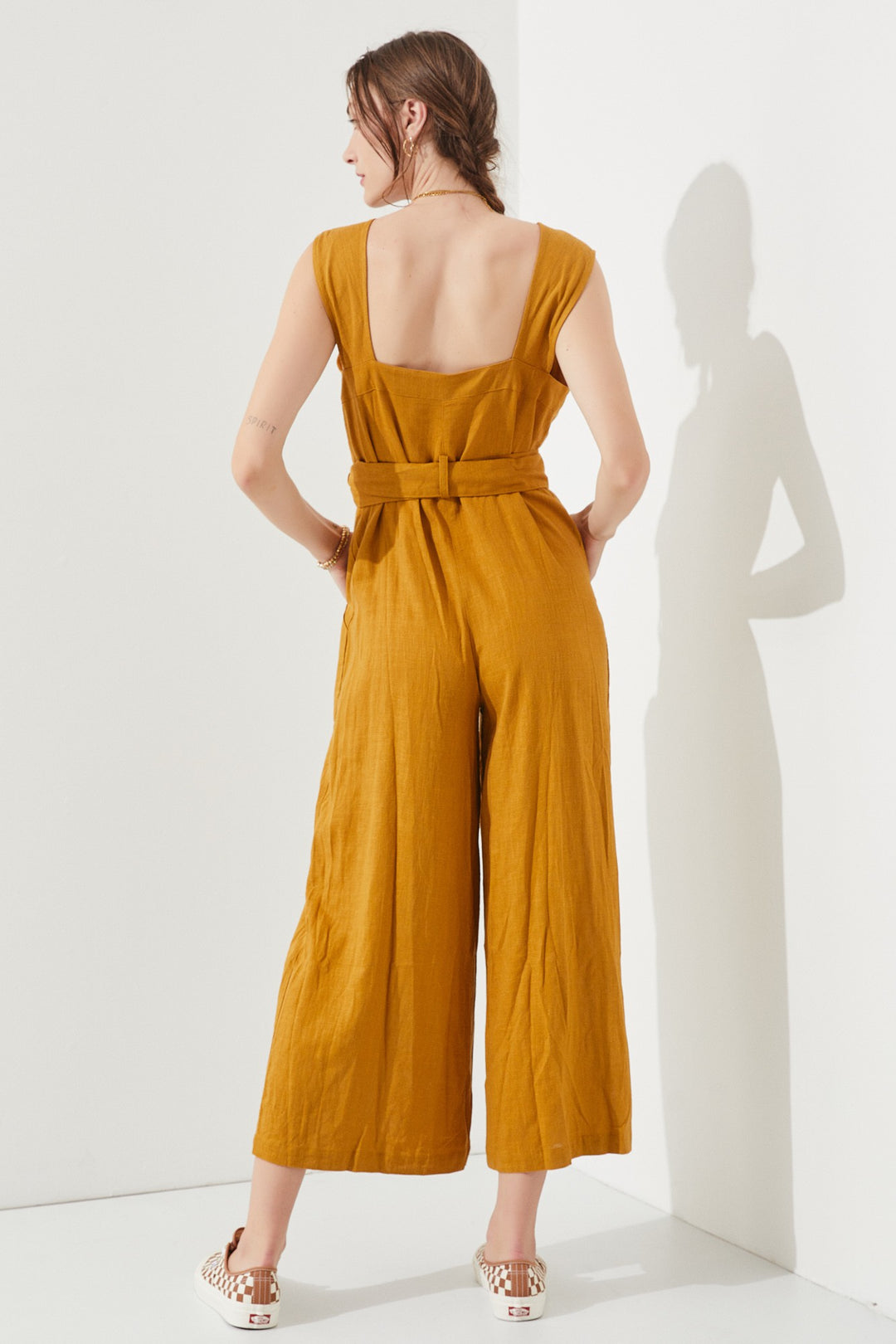 Mustard Sleeveless Square Neck Button Down Ankle Jumpsuit