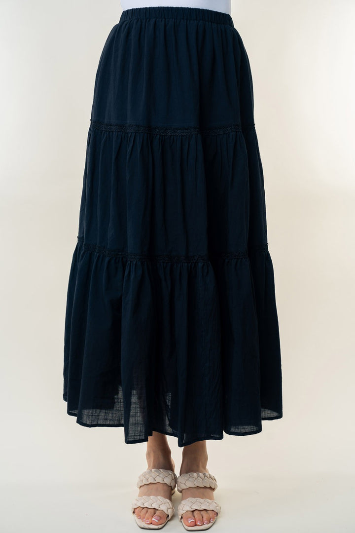 Black White Birch High Waisted Tiered Maxi Skirt