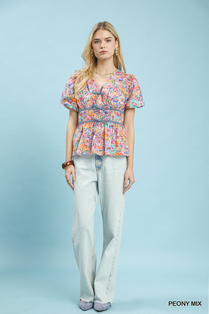 Umgee Mix Floral Smocked Waist Blouse