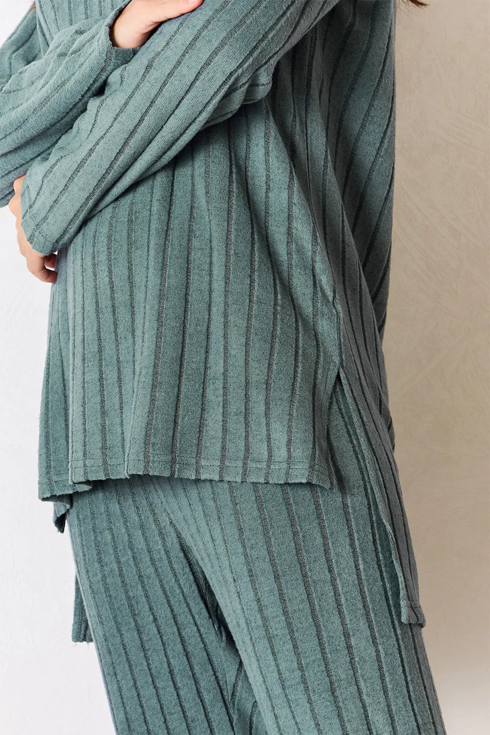 Black Basic Bae Full Size Ribbed Round Neck High Low Slit Top And Pants Set