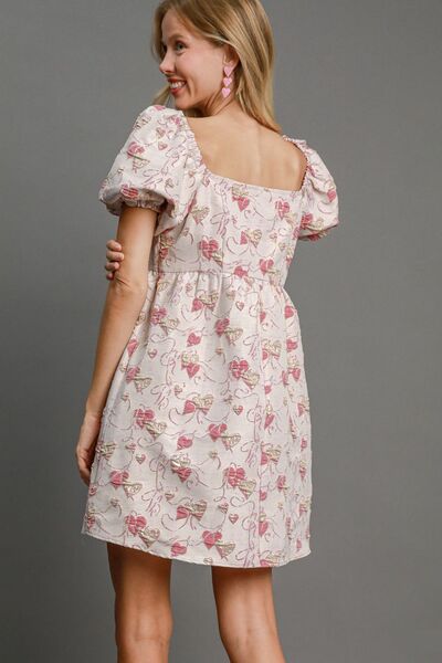 Pink Umgee Heart Jacquard Square Neck Puff Sleeve Mini Dress 1