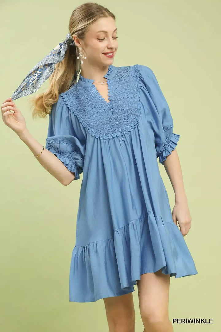 Periwinkle Umgee Smocked Bib Ruffle Hem Babydoll Dress 1