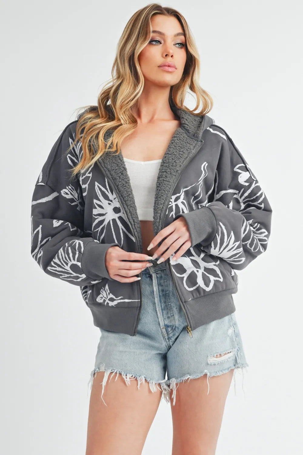 Gray Aemi Co Flower Print Zip Up Sherpa Hoodie