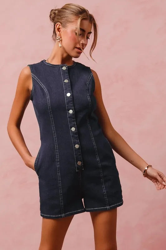 So Me Button Up Front Washed Denim Sleeveless Romper