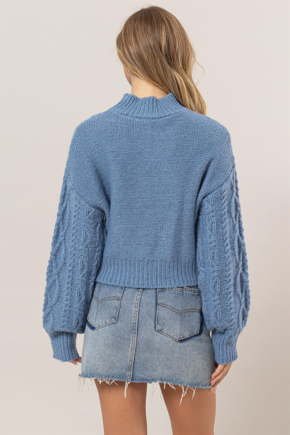 Gray Blue Hyfve Cable Knit Mock Neck Dropped Shoulder Sweater