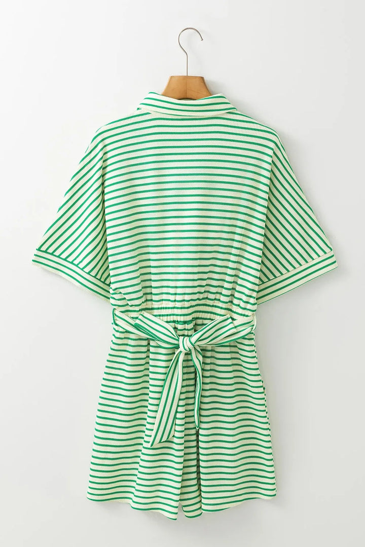 Striped Half Sleeve Tie Waist Romper