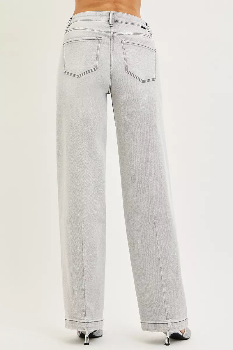 Light Grey Risen Slouchy Baggy Jeans With Contrast Stitching