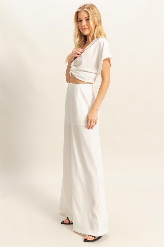 Off White Hyfve Twisted Front Short Sleeve Top And Wide Leg Pants Set