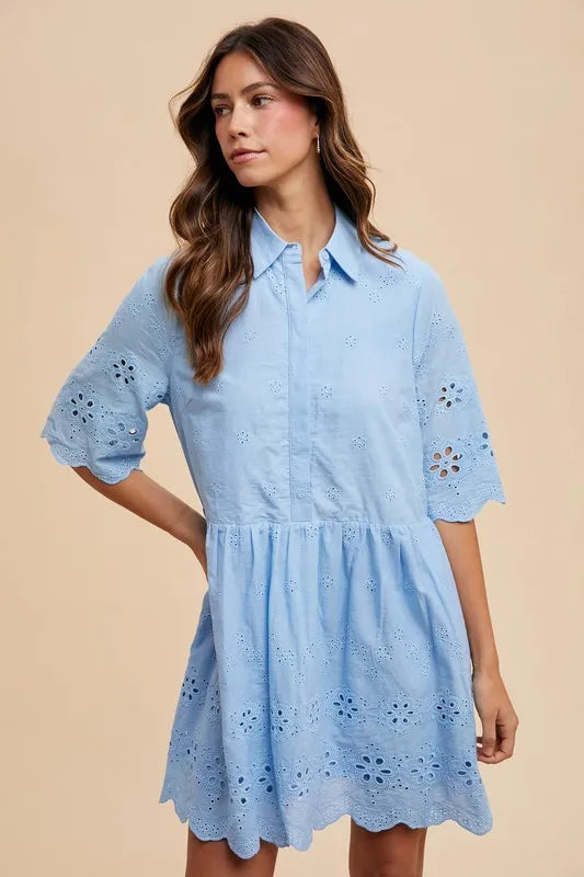 Sky Annie Wear Embroidered Scallop Edge Detail Mini Shirt Dress