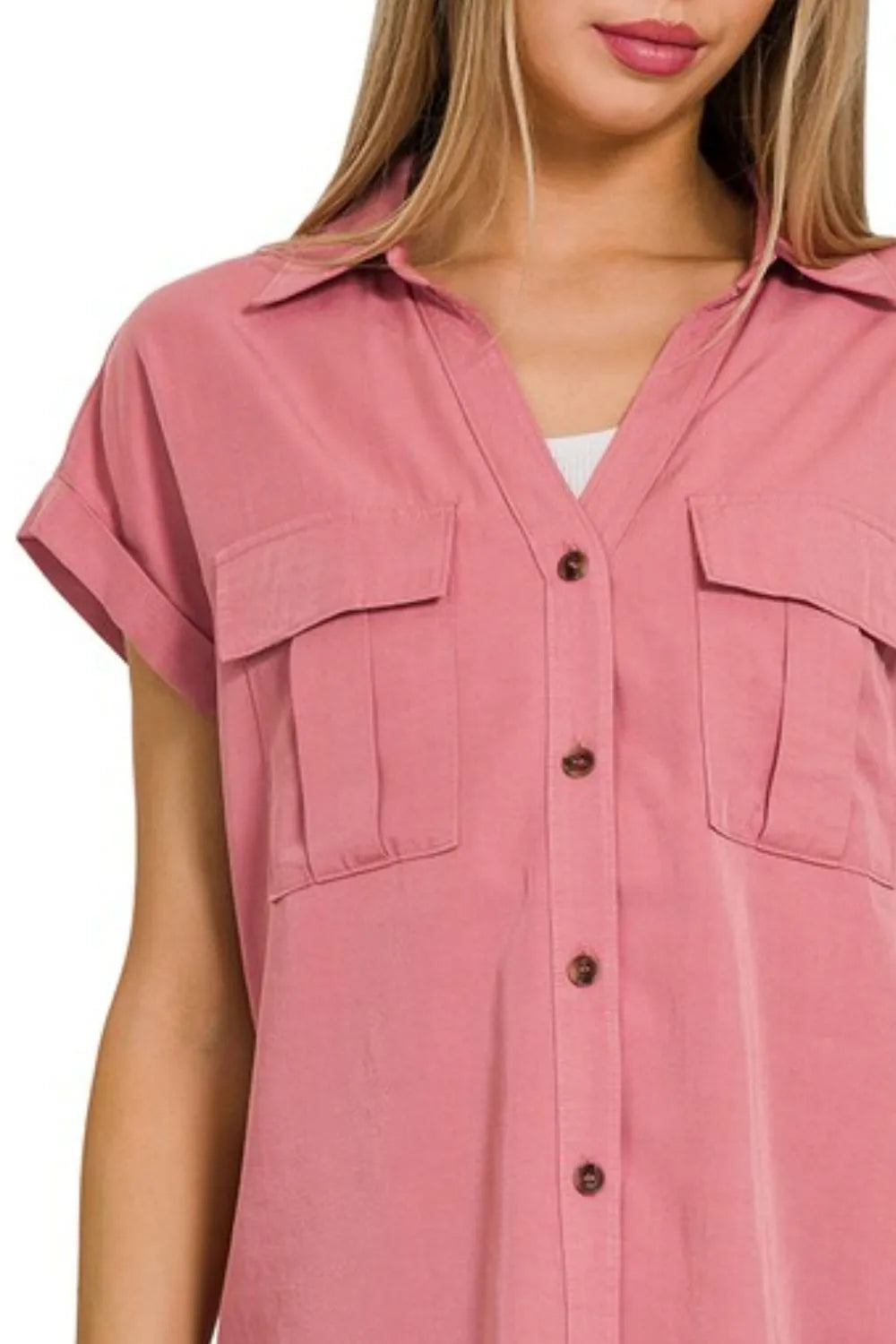 Dusty Rose Zenana Tencel V Neck Collared Top W Front Flap Pockets 1