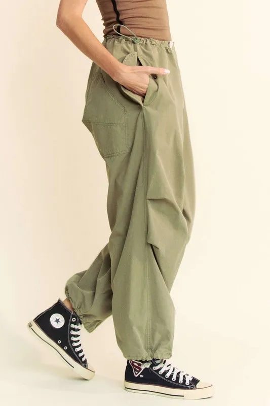 Olive Green Davi Dani Drawstring Baggy Pants With Pockets