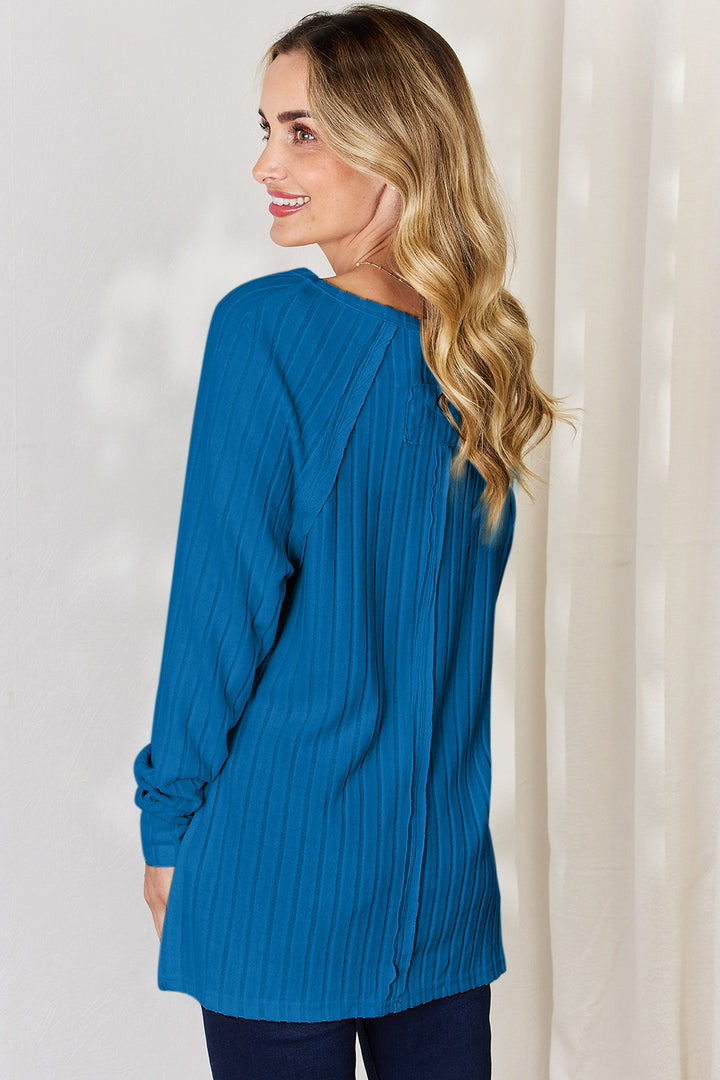 Light Gray Basic Bae Full Size Ribbed Round Neck Slit T Shirt