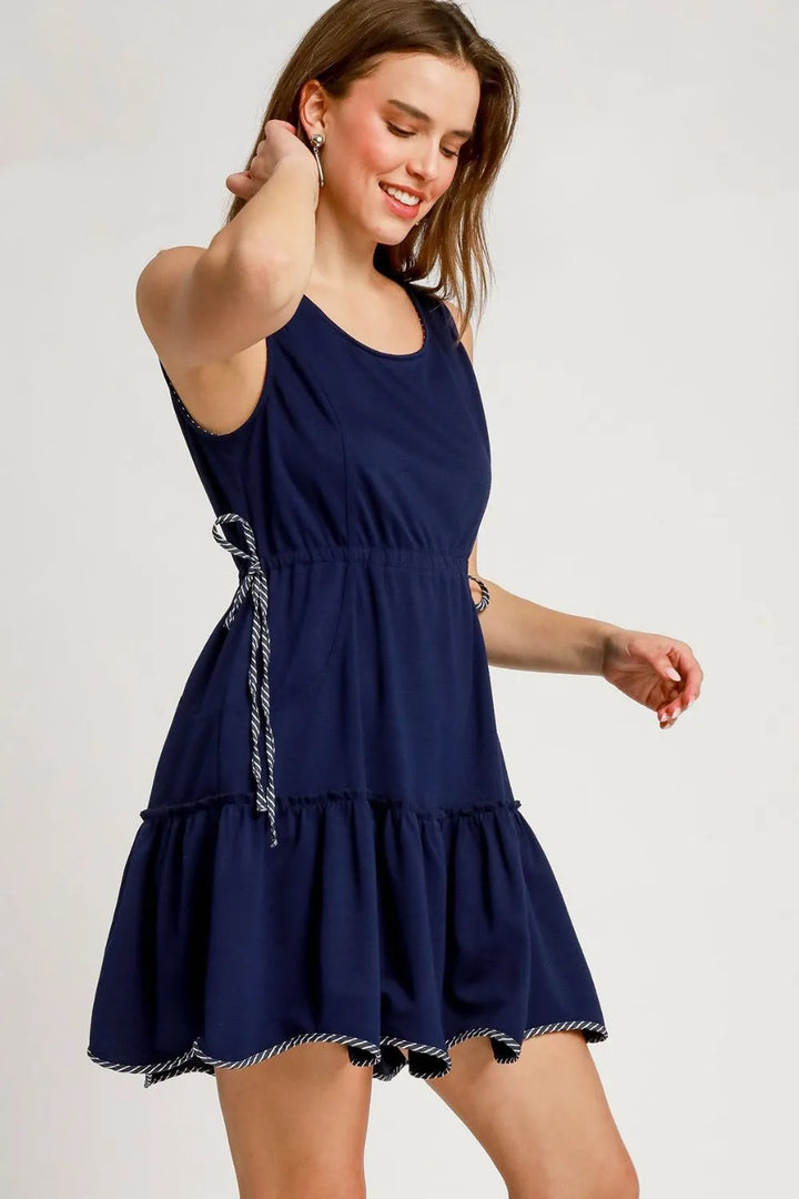 Dark Navy Umgee Frill Drawstring Waist Round Neck Mini Tank Dress