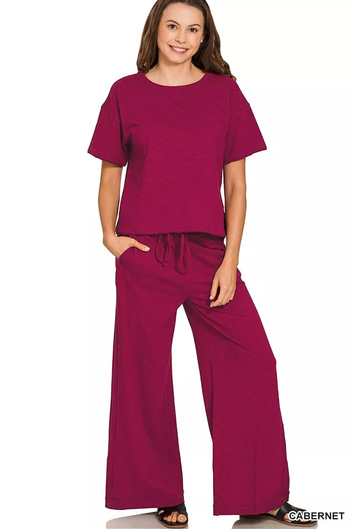 Cabernet Zenana Cotton Slub Short Sleeve Tee And Pants Set 1