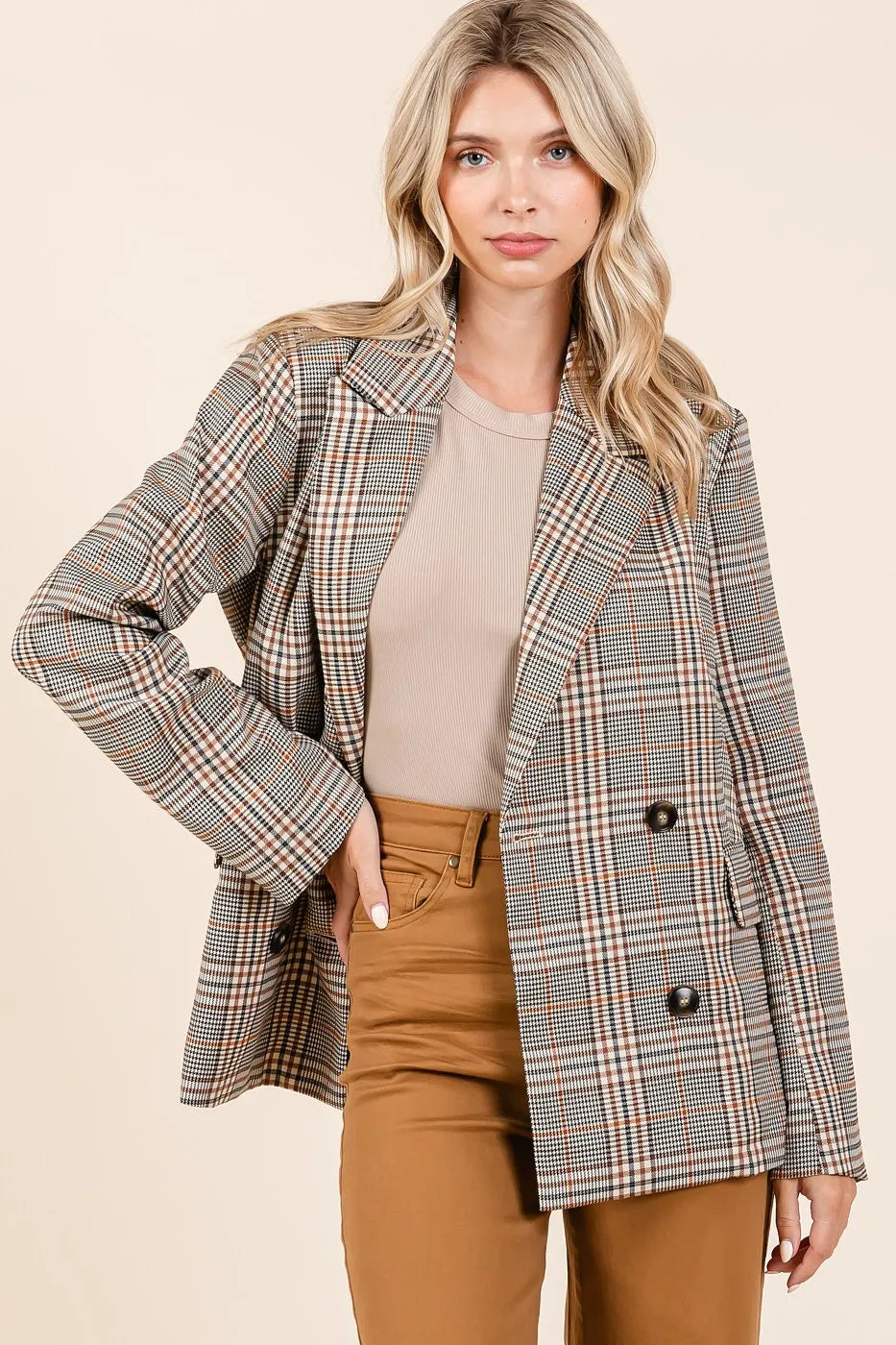 Brown Combo Mittoshop Plaid Double Breasted Relaxed Fit Blazer