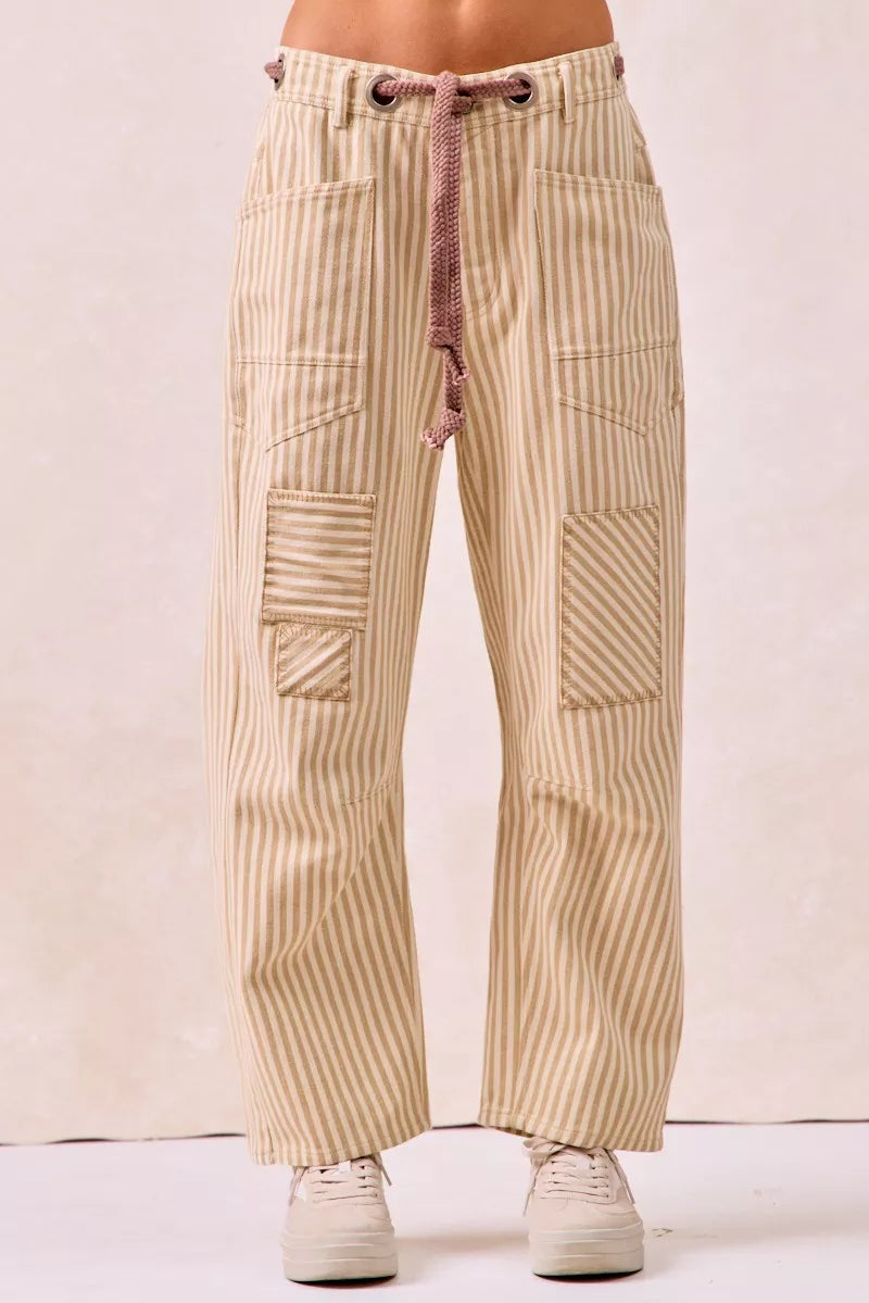 Oatmeal Bibi Drawstring Striped Twill Barrel Pants 2