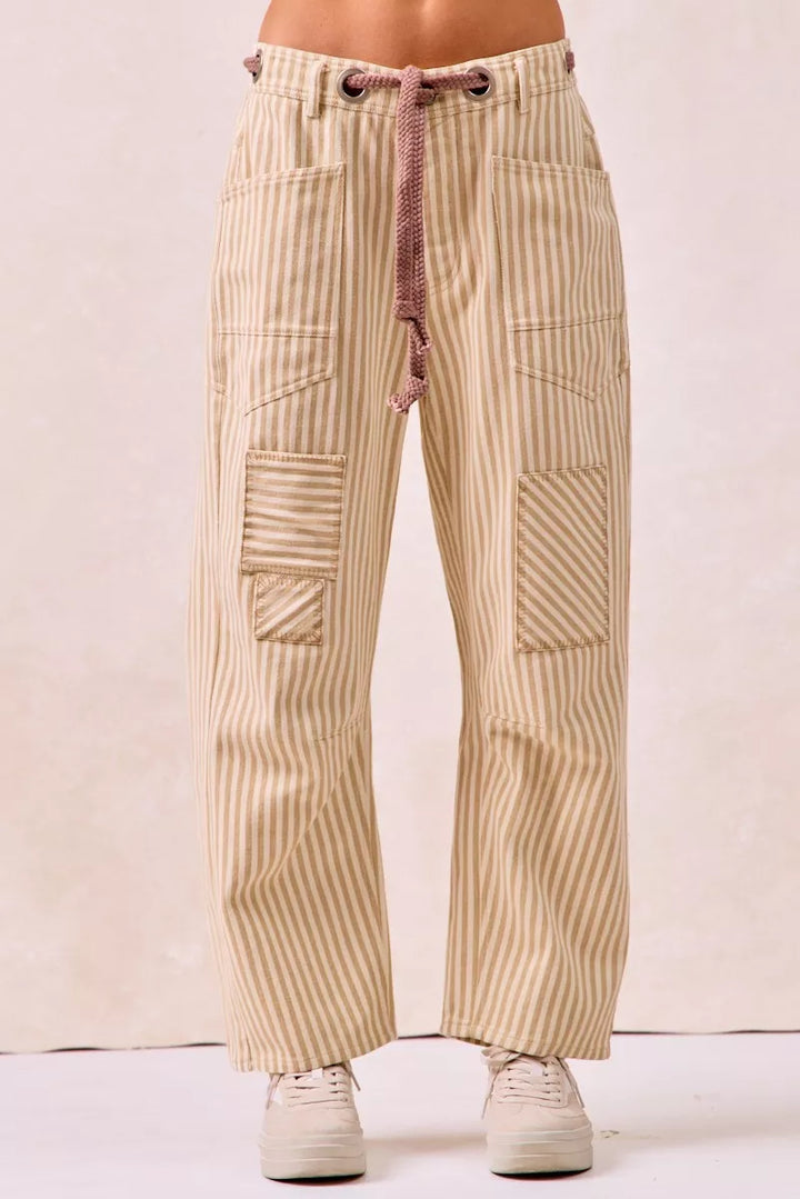 Oatmeal Bibi Drawstring Striped Twill Barrel Pants 2