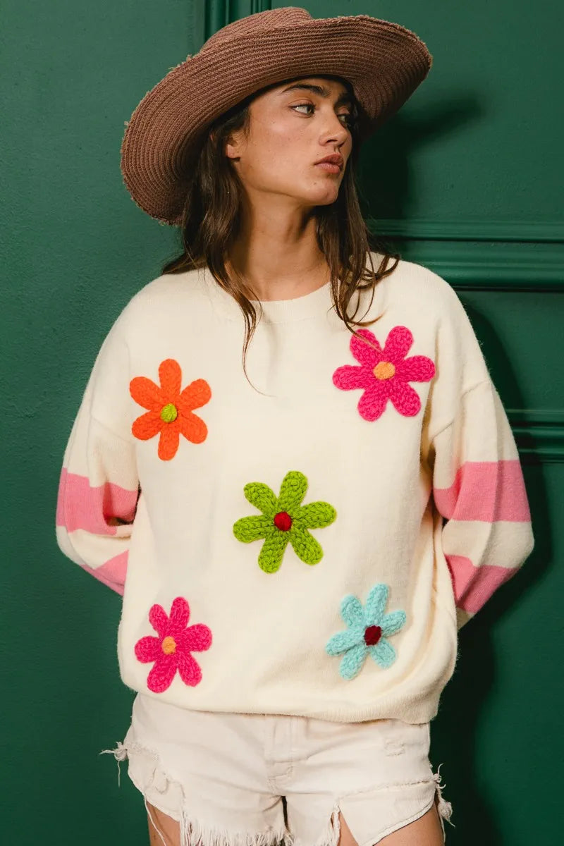 Oatmeal Bibi Colorful Floral Patched Sweater With Striped Sleeve
