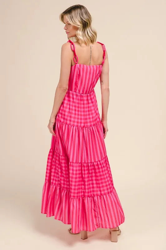 Pink/Red So Me Stripe Tiered Maxi Dress With Colorful Chain Strap
