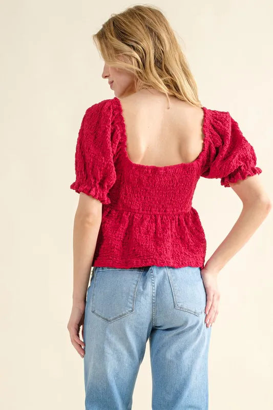 Red And The Why Lovely Textured And Smocked Top