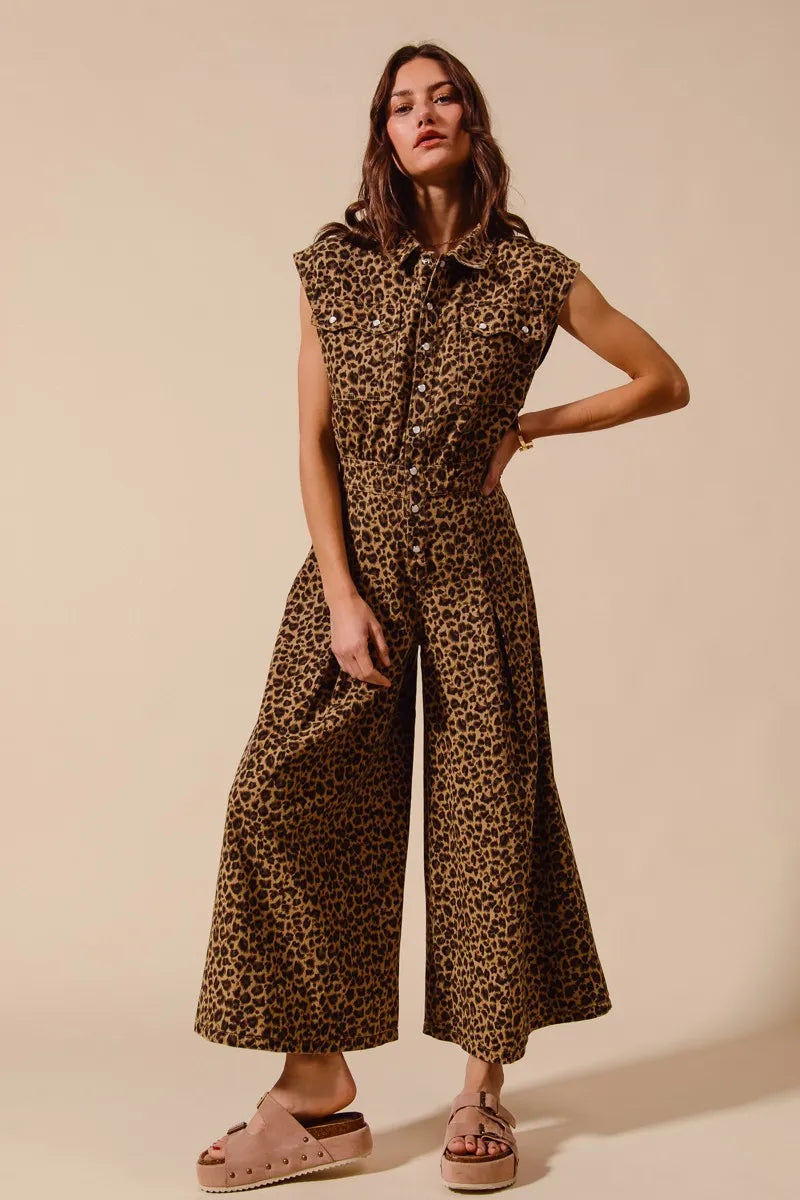So Me Wide Leg Leopard Twill Overalls Jumpsuit With Tuck