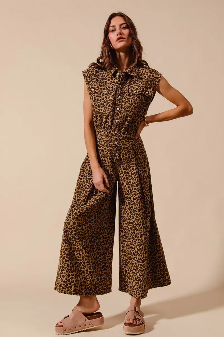 So Me Wide Leg Leopard Twill Overalls Jumpsuit With Tuck