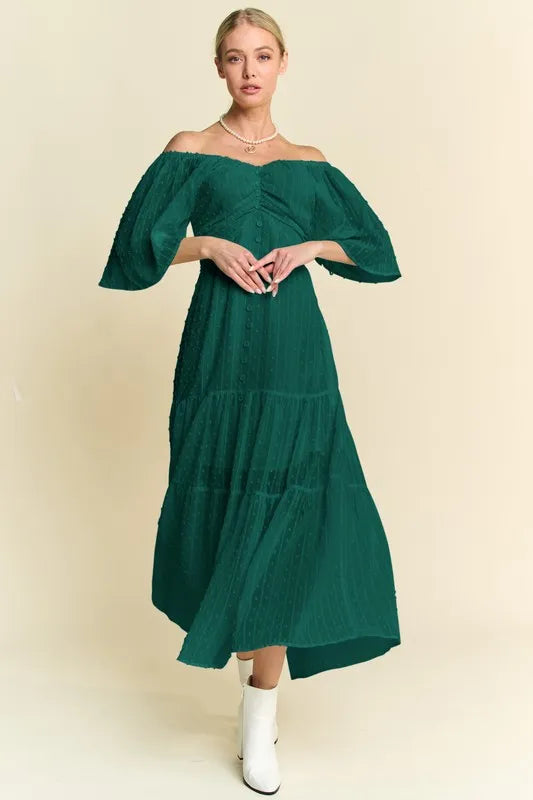 Forest Green Davi Dani Swiss Dotted Ruched Ruffle Open Back Midi Dress 1