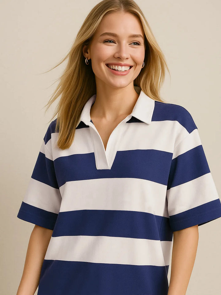 Dusty Blue Oh Pima Cotton Wash Color Block Johnny Collar Half Sleeve Top