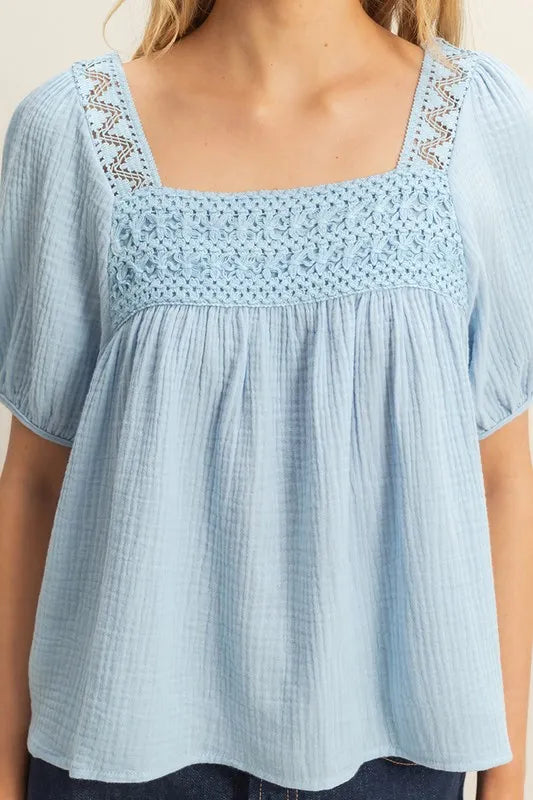 Hyfve Crochet Detail Puff Sleeve Peasant Top 1
