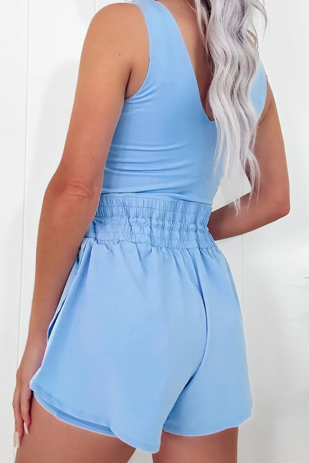 Light Blue Drawstring Waist Scoop Neck Romper