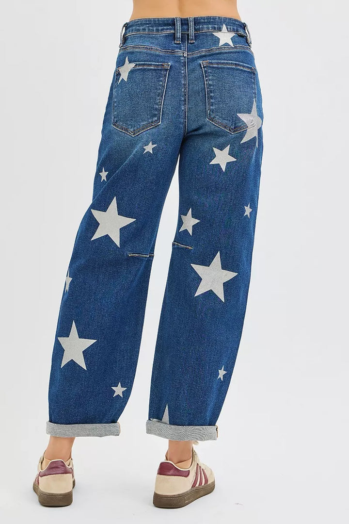 Dark Risen Mid Rise Ankle Length Relaxed Barrel Star Printed Jeans
