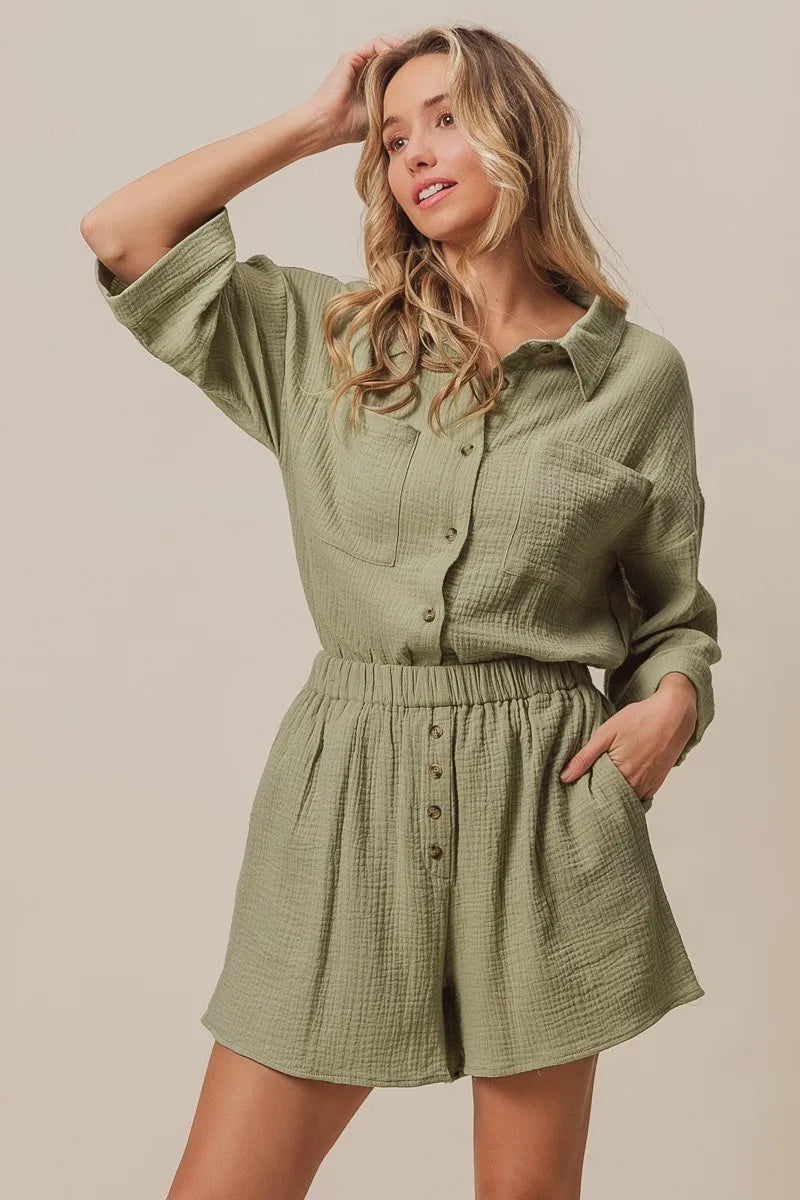 Sage Bibi Crinkle Gauze Shirt And Short Set
