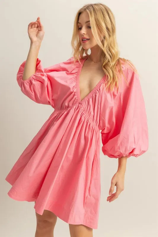 Coral Hyfve Plunge Balloon Sleeve Poplin Mini Dress With Pockets