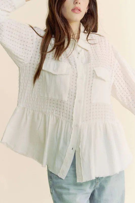 White Davi Dani Garment Washed Jacquard Button Front Shirt 1