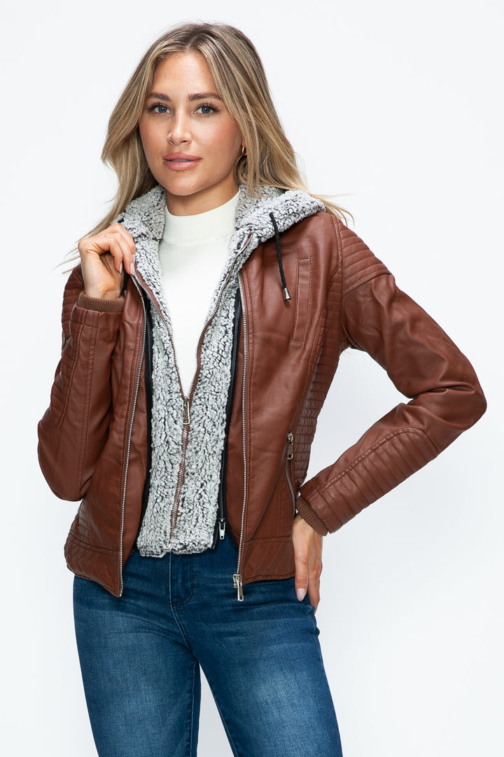 Ymi Faux Layered Double Zipper Jacket With Fuzzy Hood 5