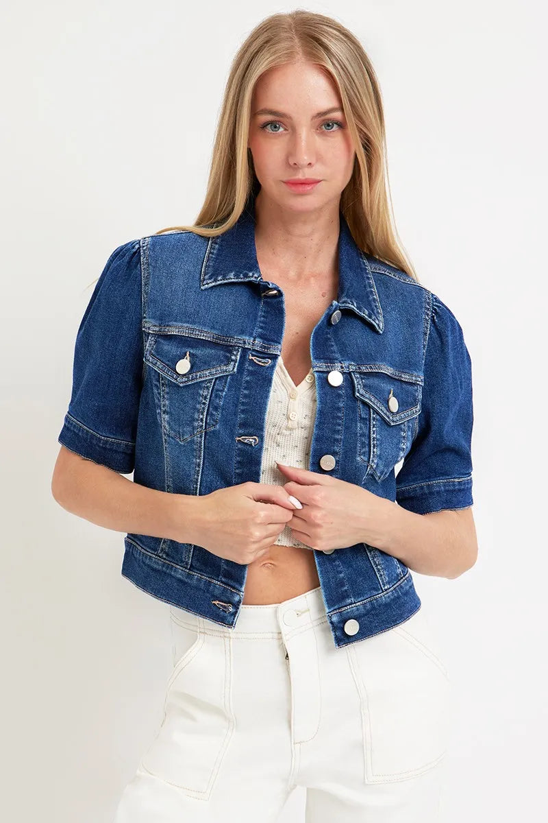 Dark Risen Puffed Short Sleeve Crop Denim Jackets