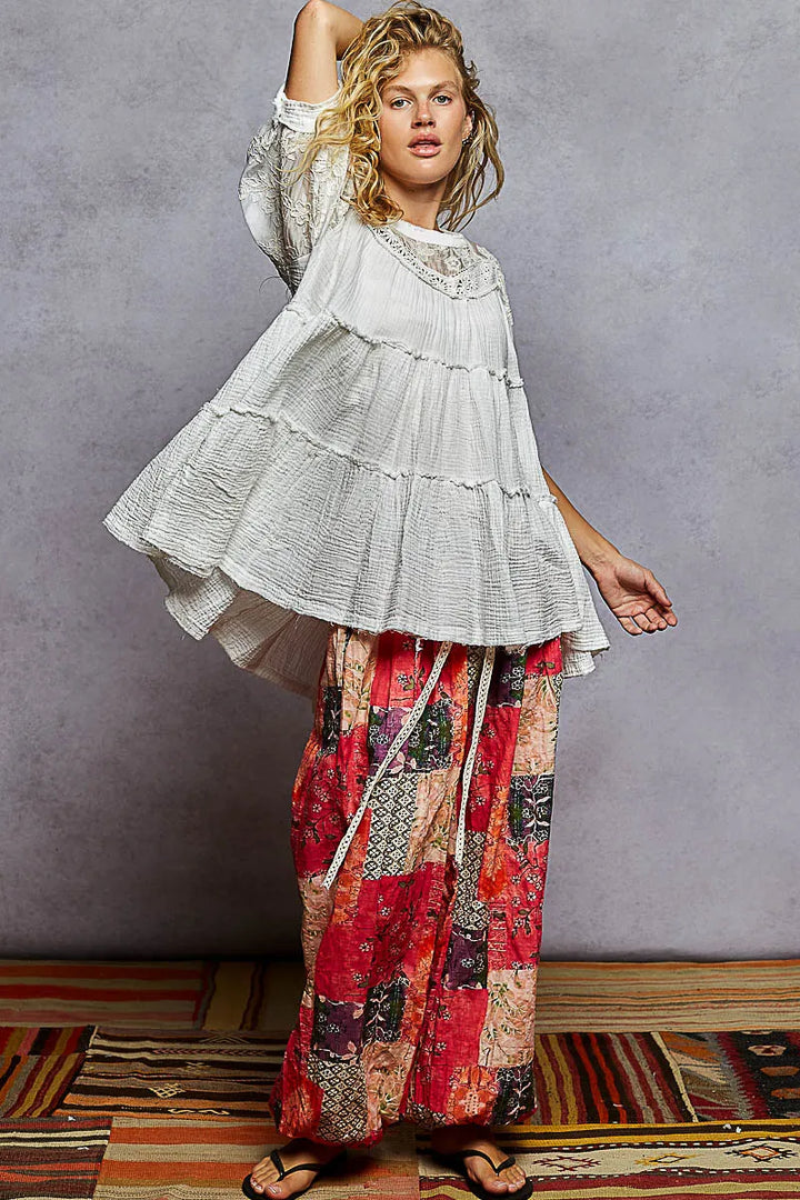 Pol Lace Detail Tiered Round Neck Half Sleeve Blouse