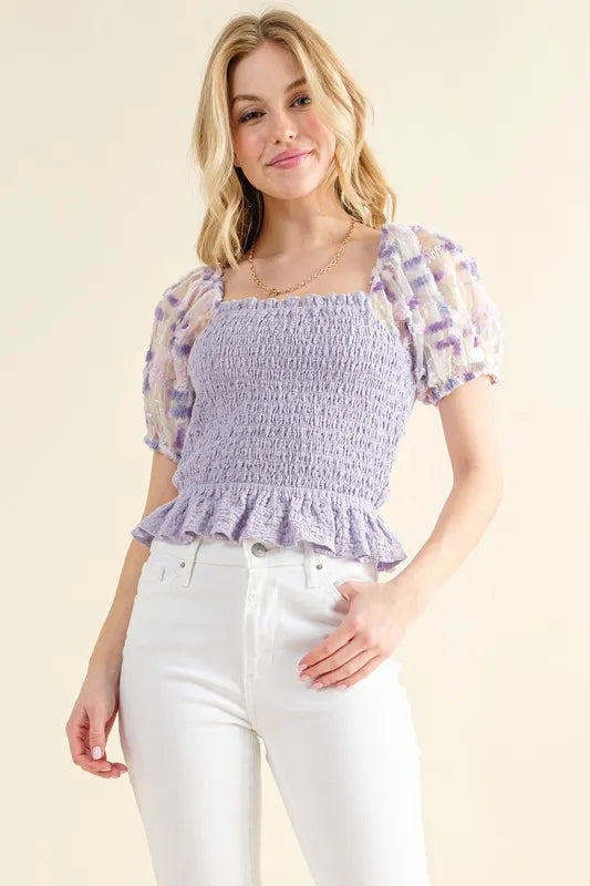 Lavender And The Why Embellishment Sleeve Smocked Top