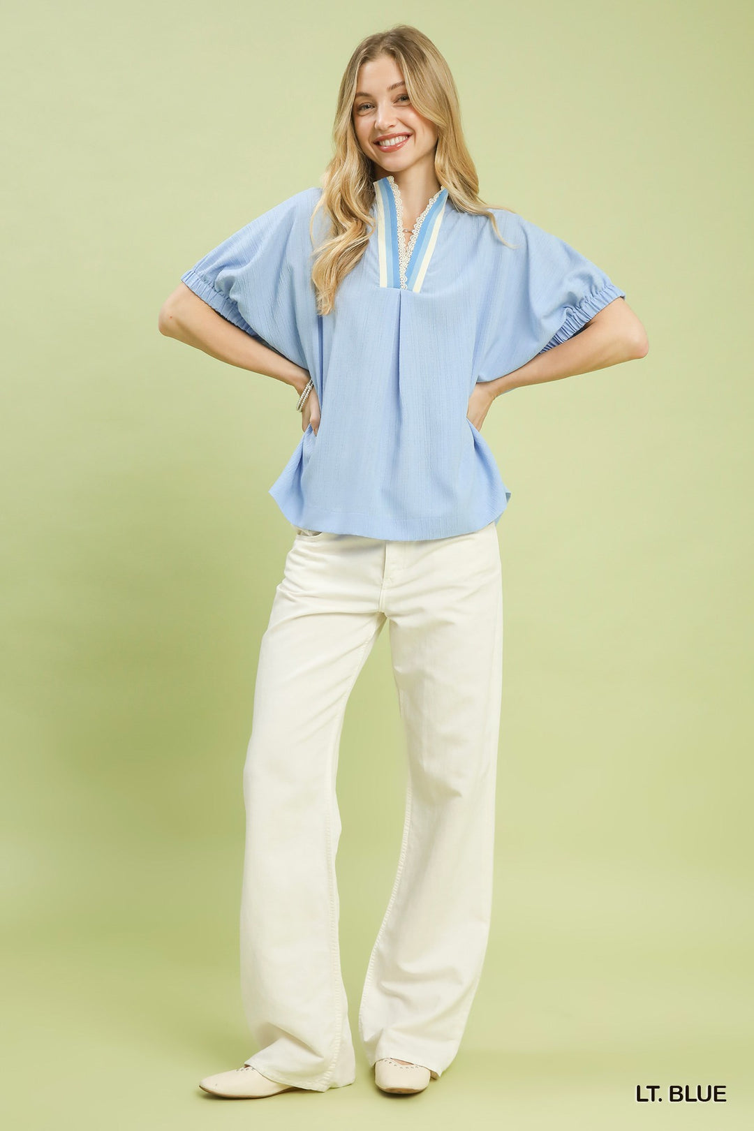 Umgee Textured V Neck Blouse
