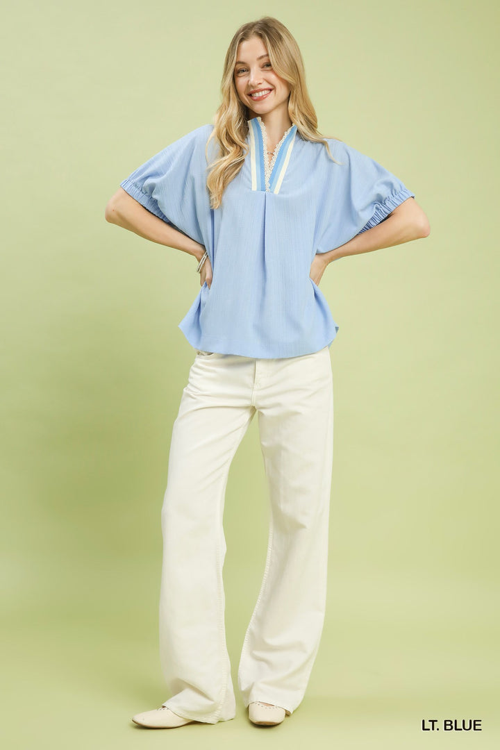 Umgee Textured V Neck Blouse
