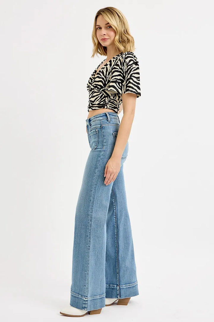 Medium Risen Full Size High Rise Wide Flare Patch Pocket Jeans Plus Size