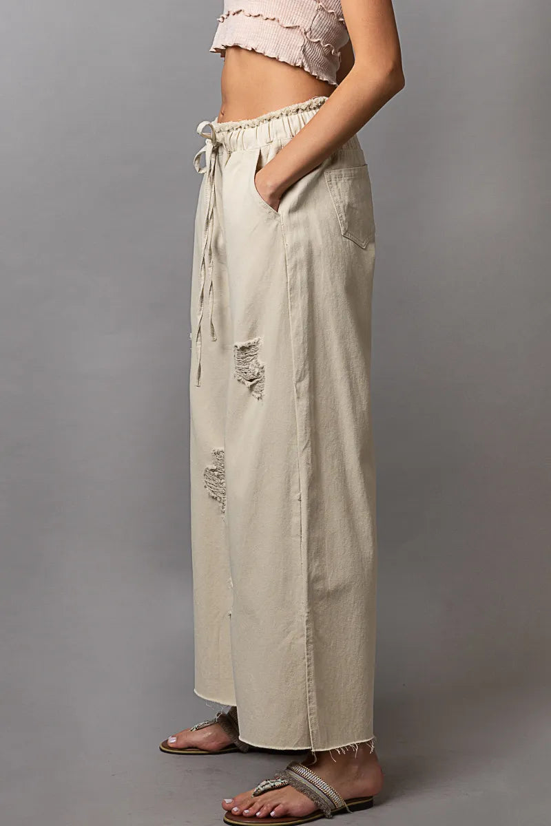Cream Pol Distressed Drawstring Slit Wide Leg Pants