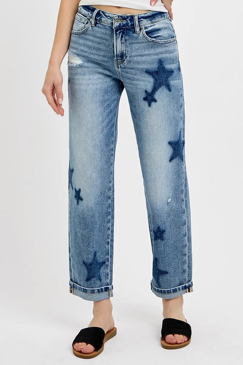 Medium Risen Full Size Mid Rise Boyfriend Star Shadow Detail Cuffed Jeans Plus Size