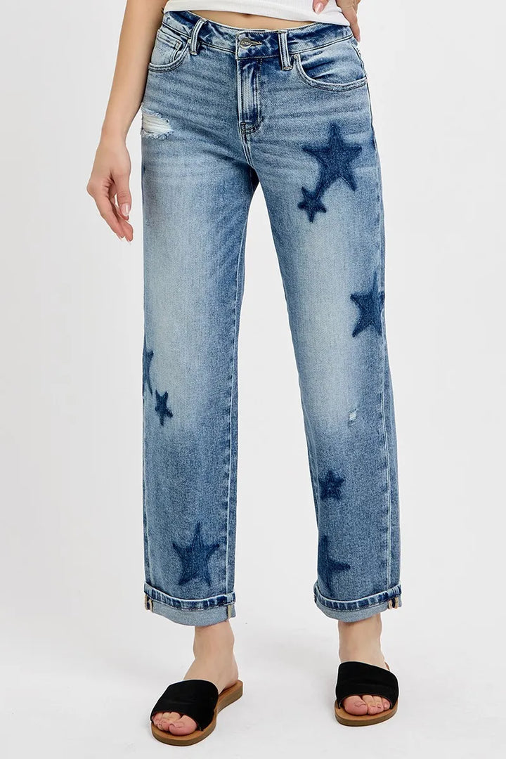 Medium Risen Full Size Mid Rise Boyfriend Star Shadow Detail Cuffed Jeans Plus Size