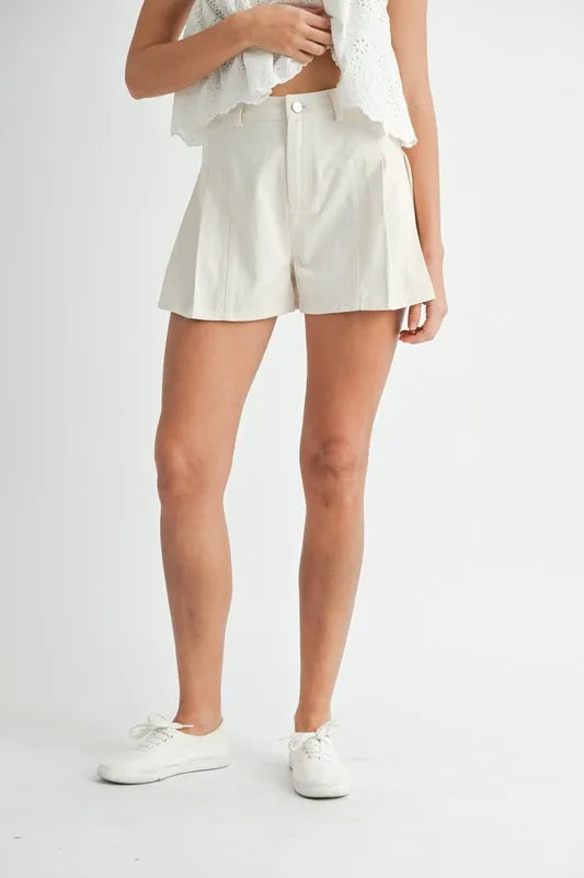 Ecru Mable Pleated High Waist Twill Shorts 1