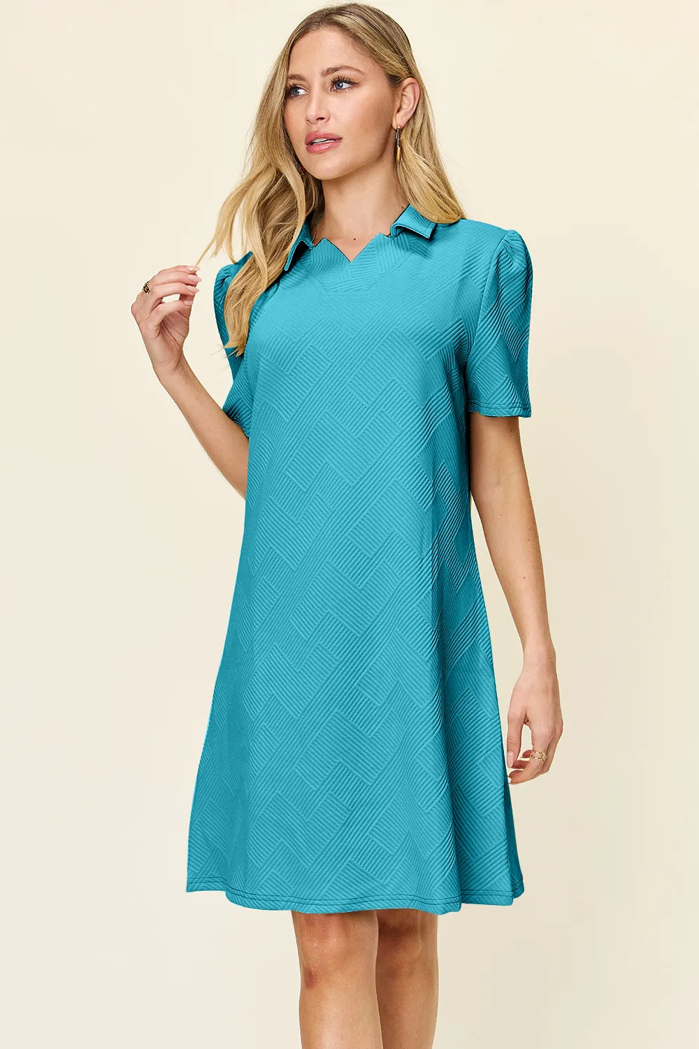 Tangerine Double Take Full Size Texture Collared Neck Short Sleeve Dress